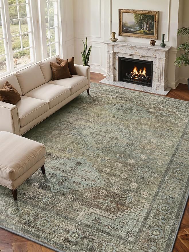Area Rugs 9x12 for Living Room Bedroom, Modern Boho Machine Washable Large Distressed Light Greyish Sage Green Rug, Low Pile Floor Carpet with Non Slip Backing for Dining Room