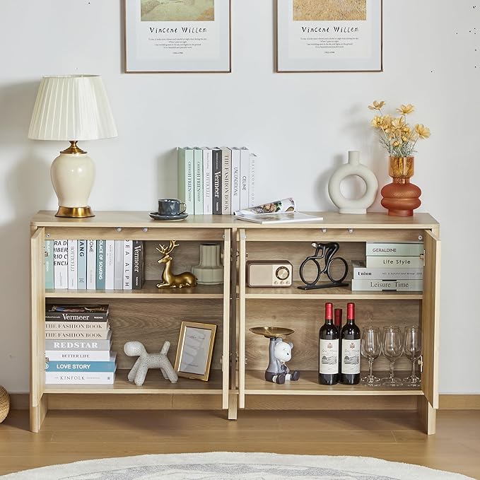 Sideboard Buffets Cabinet, Modern Accent Storage Cabinet with 4 Fluted Doors and Adjustable Shelves, Wood Credenza Buffet Sideboards, Console Table for Kitchen Dining Living Room Entryway (Natural)