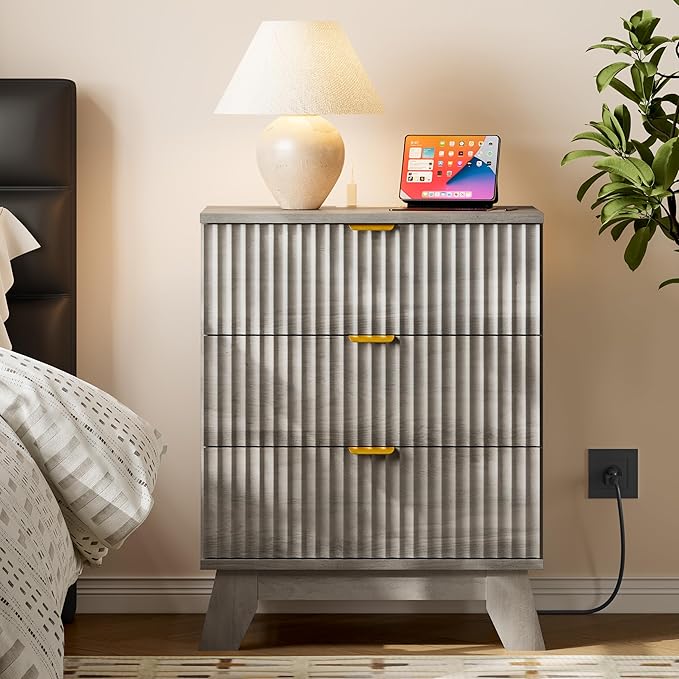 30.5" Nightstand with Charging Station, 3-Drawer Fluted Bedroom Chest, Wood Bedside Dresser with Power Outlets and USB Ports, Metal Slides, Stable Base, Modern Storage Cabinet for Small Spaces