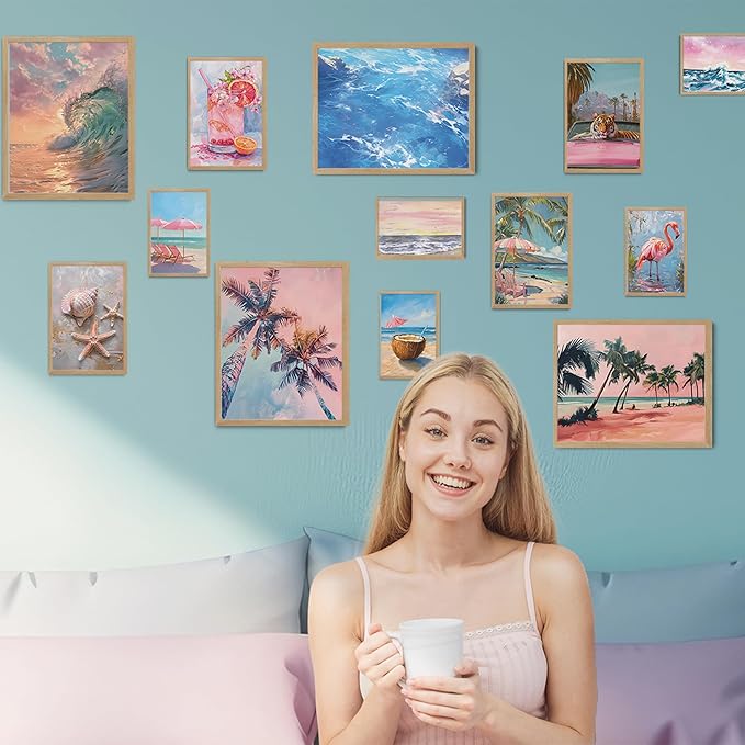 Framed Wall Art for Beach Wall Decor, 13pcs Beachy Prints for Room Decor, Natural Oak Framed Wall Prints, Ready to Hang Beach Artworks, Eclectic Wall Pictures, Coastal Room Decor