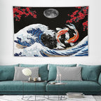 Houselerax Japanese Koi Fish Tapestry, Yin Yang Big Wave Red Cherry Blossom Tapestries Wall Hanging for Bedroom Living Room Office Decor 90"x60"