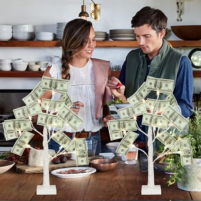 PABIPABI Money Tree Gift Holder, Set of 2 Birch Tree with 12 Clear Clips, Battery/USB Powered Timer Tabletop Trees for Home Party, Christmas, Wedding, Birthday Graduation (Warm White)