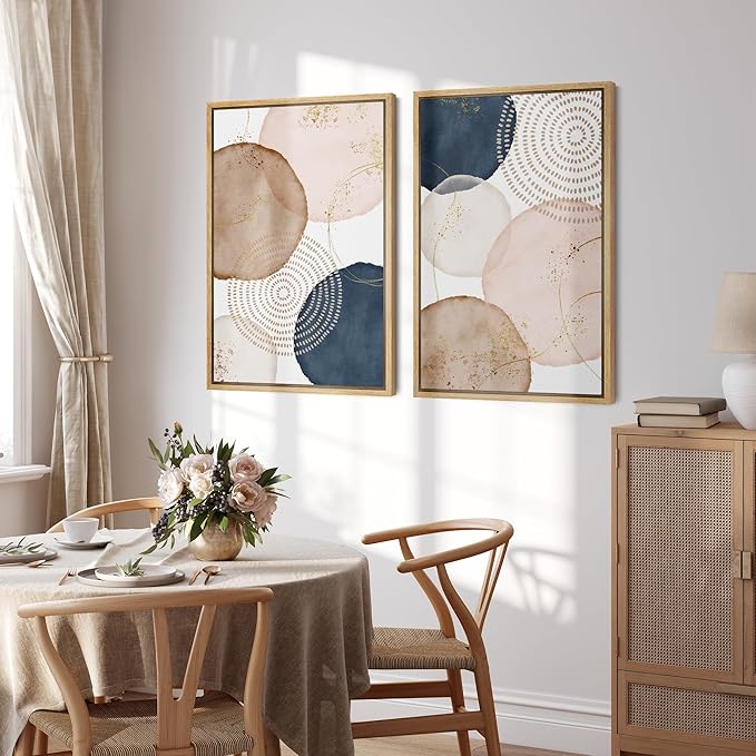 SIGNFORD Framed Wall Art Print Set Pastel Watercolor Vibrant Circle Collage Abstract Shapes Illustrations Modern Minimalist Relax/Calm Multicolor for Living Room, Bedroom, Office - 24"x36"x2 Natural