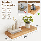 Floating Shelves, 8" Deep Rustic Solid Elm Wood Wall Mounted Floating Shelves, Wall Shelves with Invisible Bracket for Living Room Bathroom Bedroom Kitchen, 24 Inch Set of 2, Natural