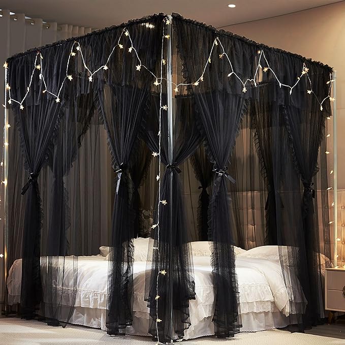 4 Corners Post Princess Curtains Bed Canopy for Girls 8 Panels Curtain- Double Layer Sheer Mesh Canopies Drapes Girls Room Decor (8P-Black/Black, 4P(27"x82") W+4P(40"x82") L/(Full))