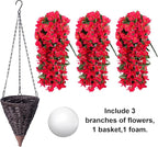 Artificial Bougainvillea Faux Flowers Plants Baskets for Outdoor Outside Summer Decoration, 3 PCS Fake Silk Long Hanging Vines UV Resistant Realistic for Front Door Porch Patio Balcony Yard, Red