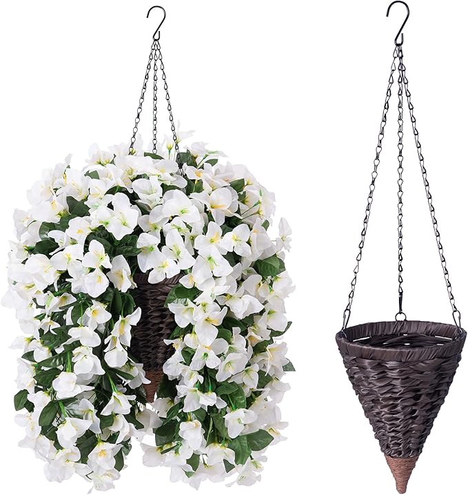 Artificial Bougainvillea Faux Flowers Plants Baskets for Outdoor Outside Summer Decoration, 3 PCS Fake Silk Long Hanging Vines UV Resistant Realistic for Front Door Porch Patio Balcony, White