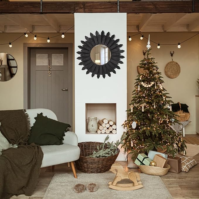 Honiway 21 inch Black Wall Decor Vintage Mirror, Boho Style, Wooden Frame, Easy to Hang, Ideal Gift