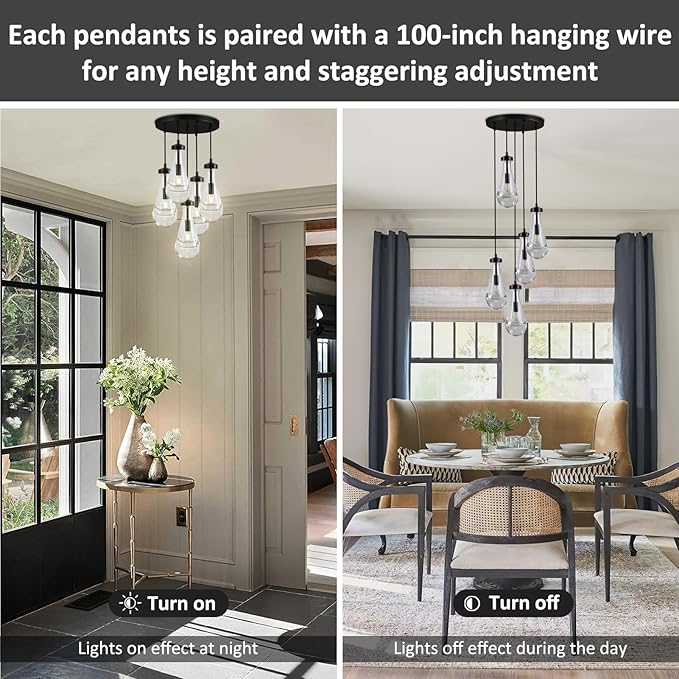Raindrop 5 Light Cluster Pendant Lights, Black High Ceiling Chandeliers Adjustable, Living Room Pendant Light, Foyer Chandeliers, Stairwell Pendant Lighting, Bedroom Chandelier,E12 including bulb