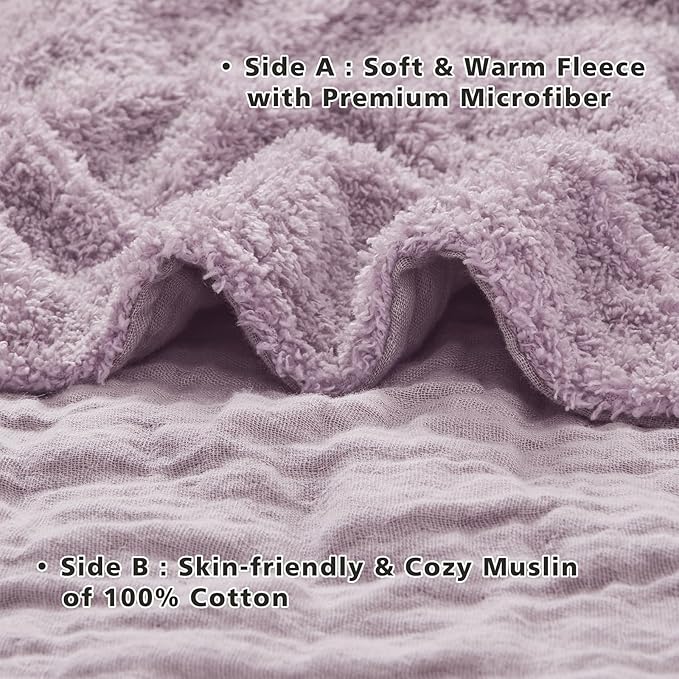 EMME Muslin and Fleece Twin Blanket Reversible - 60"*80" Lavender Soft Warm Throw Blankets for Couch Bed Picnic Travel Bed