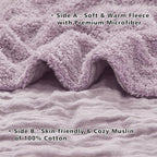 EMME Muslin and Fleece Queen Blanket Reversible - 80"*90" Lavender Soft Warm Throw Blankets for Couch Bed Picnic Travel Bed