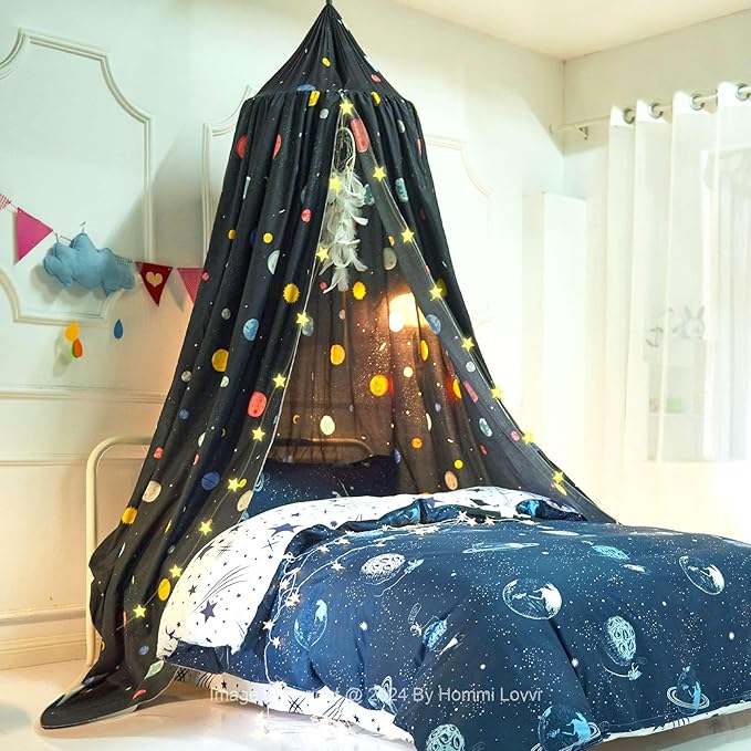 Space Planets Print Kids Bed Canopy, Girls Princess Canopy Dreamy Room Decor, Soft Hanging Reading Nook Play Tent Canopy, Extra Large Full Size Bed Canopy with String Light