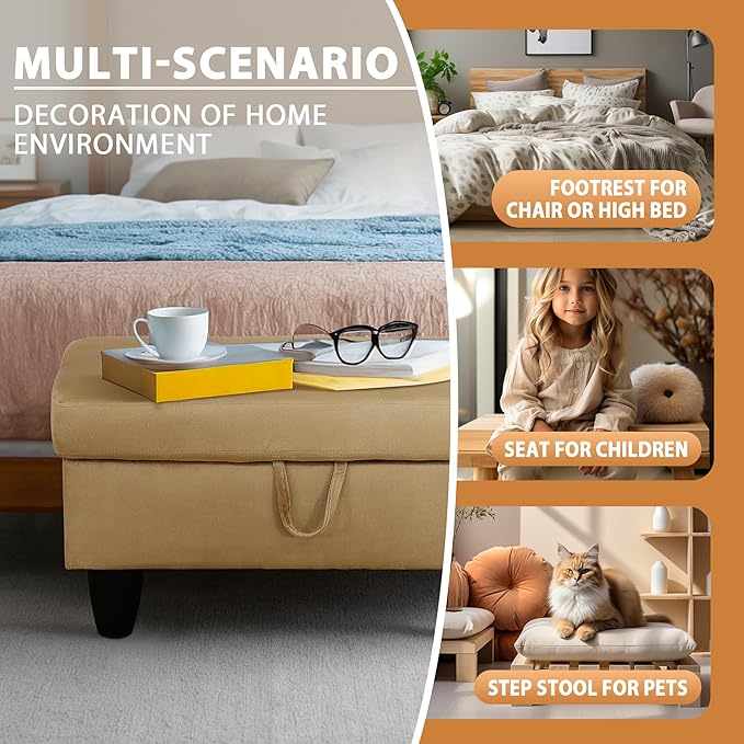 Ottoman Rectangular Storage Ottoman Bench, Flannel Footrest Stool Footstool with Lid for Living Room, Bedroom, Entryway, Light Brown, 28.5"x19"x17.5"