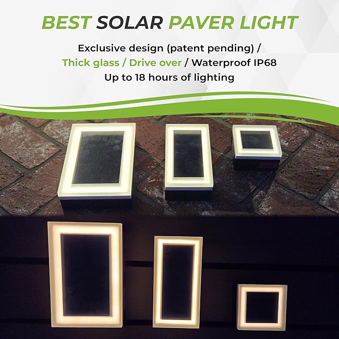LUMENGY Solar Paver Light 6×9 inch, 2700K, Up to 20 Hours Continuous Lighting, Stainless Steel, Thick Glass, Glare-Free Illumination for Driveways, Pathways & Garden, Waterproof & Drive-Over Rated