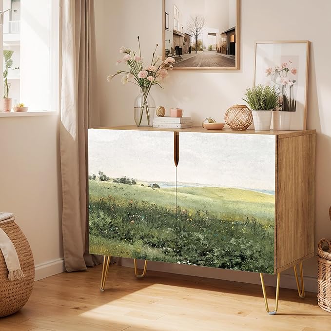 SIGNWIN Sideboard Buffet Cabinet, Kitchen Storage Cabinet with 2 Doors, Rustic Countryside Green Hill, Cupboard Console Table for Dining Room - 35" L x 18" W x 29" H