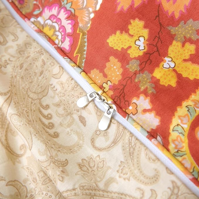 ABREEZE Paisley Bedding Sets 3Pcs Brushed Cotton Duvet Cover Set Queen Size Rustic Damask Red Floral Comforter Cover with Zipper Closure Boho Bedding Collections