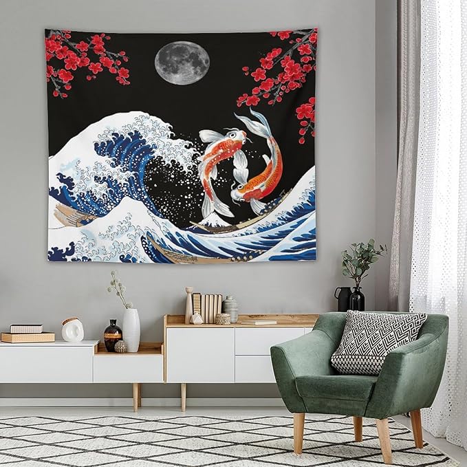 Houselerax Japanese Koi Fish Tapestry, Yin Yang Big Wave Red Cherry Blossom Tapestries Wall Hanging for Bedroom Living Room Office Decor 60"x50"
