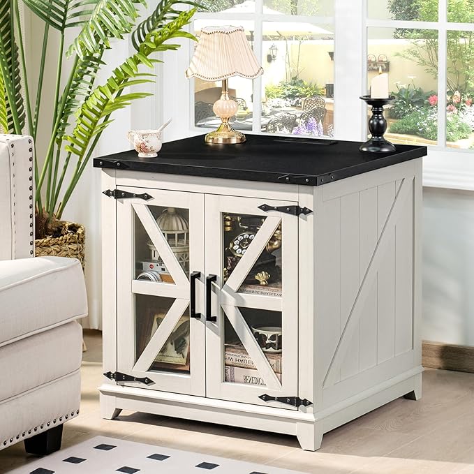 Farmhouse End Table with Charging Station Set 2, 24" Large Sofa Side Table with Glass Barn Door,White Nightstand with Adjustable Storage Shelf,Wood Square Bedside Table for Living Room,Bedroom