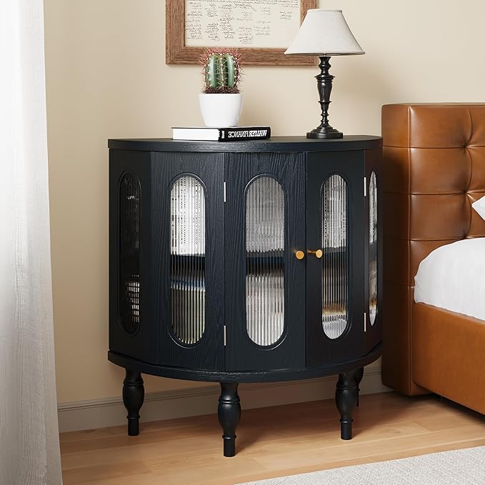 31'' Sideboard Buffer Cabinet with Storage, Semi-Circle Modern Accent Storage Cabinet with Wooden Finish & Acrylic Doors, Console Table for Living Room Entryway Hallway (Black)