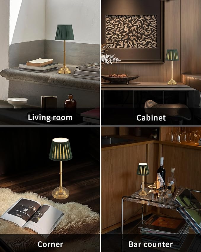 KDG Cordless LED Table Lamp Set of 2, Portables Fabric Shade Desk Lamps, 4000mAh Rechargeable Battery Powered Lighting, Dimmable Light for Dining Room, Bedroom, Bedside, Night Light, Balcony (Green)