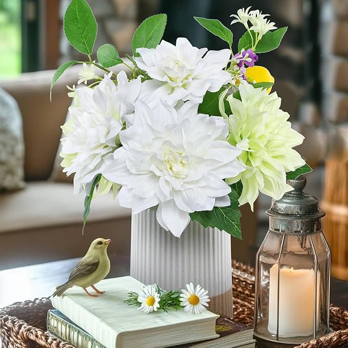 Fake Flower with Vase,White Silk Dahlia Artificial Flowers in Modern Ceramics Vase for Home Bathroom Office Desk Party Centerpiece Coffee Table Decor