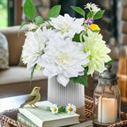 Fake Flower with Vase,White Silk Dahlia Artificial Flowers in Modern Ceramics Vase for Home Bathroom Office Desk Party Centerpiece Coffee Table Decor
