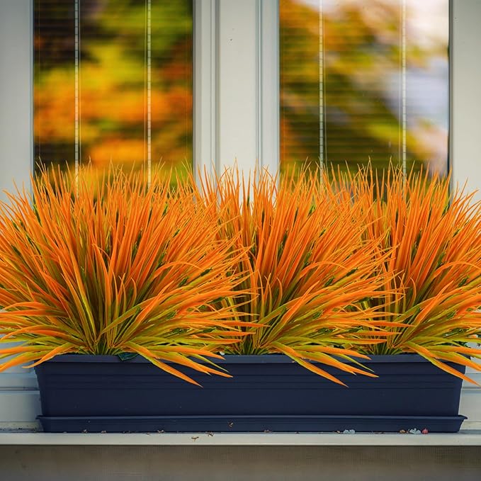 Krissing 40 Bundles Artificial Fall Grass Plant Outdoor UV Resistant Fake Faux Grass Outdoor Fall Faux Plants Greenery Shrubs for Home Garden Porch Outside Fall Decor