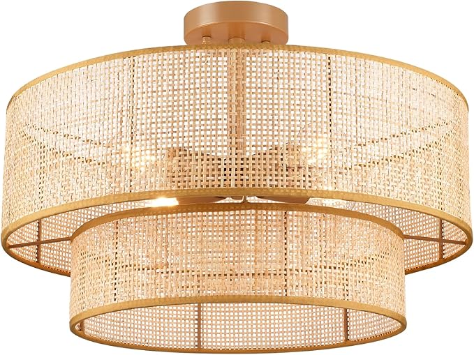 Hamilyeah 20 inch Ceiling Light Fixture Flush Mount Double Layer, Boho Light Fixture Ceiling Mount Wicker Shade, Bamboo Woven Rattan Light Fixture Ceiling for Living Room, Bedroom, Dining Room