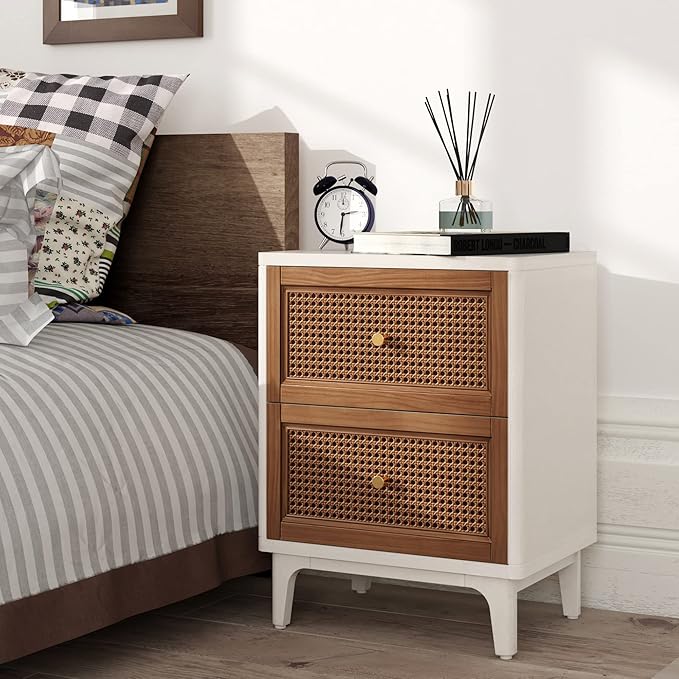 COZAYH Set of 2 Fully-Assembled 2-Drawer Woven Cane Front Accent Nightstand with Brass Knobs, Distressed White