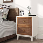 COZAYH Fully-Assembled 2-Drawer Woven Cane Front Accent Nightstand with Brass Knobs, Distressed White