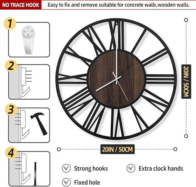 LEIKE Large Wall Clocks with Night Light Battery Operated,Silent Non Ticking,Rustic Modern Big Wood Clock for Living Room, Bedroom,Kitchen,Farmhouse,Office,Home Decor-20 Inch(Roman Numerals)