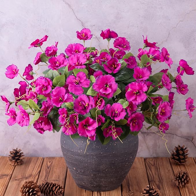 Hibiscus Artificial Flowers Plants for Outdoors Decor, 6 Bundles Silk Hibiscus Bouquet Tropical Flowers Artificial Realistic UV Resistant Fake Flowers for Outside Planter Porch Patio Balcony, Fuchsia