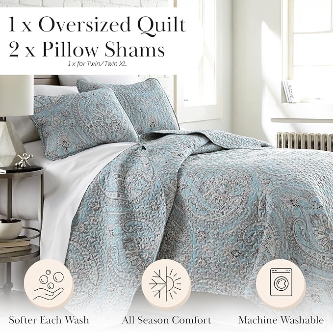 Southshore Fine Living, Inc. Twin XL Comforter Quilt Set, Dorm Bedding Essentials, Stain Resistant, Machine Washable Paisley Boho Bed Spread, Twin XL Quilt Bedspread Set w/Pillow Sham, Paisley Aqua