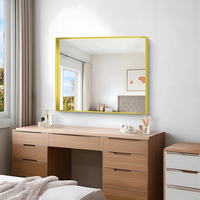 Gold Bathroom Mirror, 30x36 Inch Rectangular Framed Mirror, Large Wall Mounted Bathroom Vanity Mirror Over Sink for Bedroom,Restroom, Living Room, Hangs Vertically or Horizontally