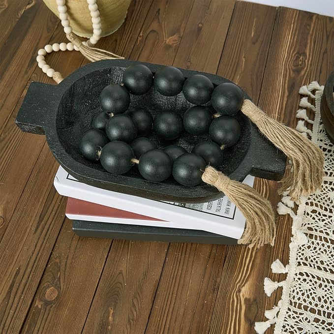 OMISHE Extra Large Wood Bead Garland Black with 1.6" Diameter Wooden Beads and Tassels, 41" Long Rustic Farmhouse Country Decorative Beads for Home Tiered Tray Decor, Black