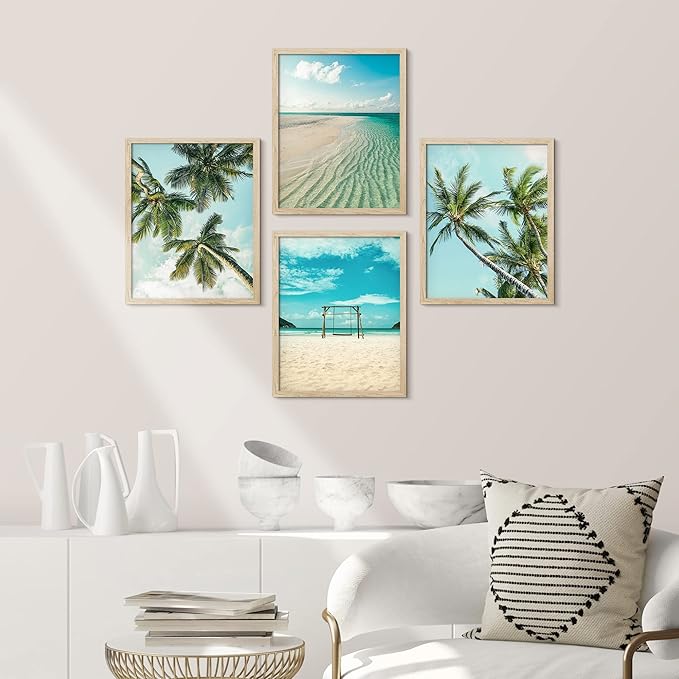 SIGNWIN Framed White Topical Teal Sky Palm Tree Beach Ocean Seaside Wall Art, Set of 4 Landscape Colorful Wall Decor Prints, Nature Wilderness Wall Décor for Living Room, Bedroom - 8"x10" Natural
