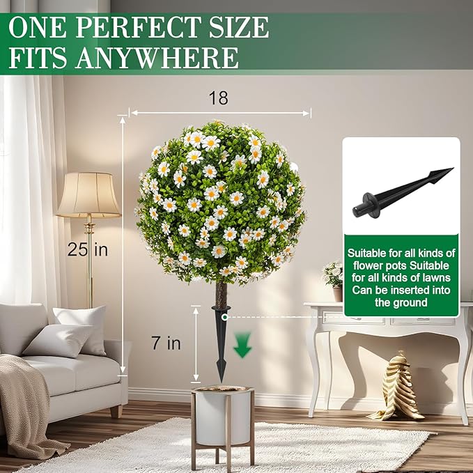 25" Artificial Boxwood Topiary Ball Trees with Daisy Flowers, Set of 2 UV Resistant No Fade Outdoor Faux Plants with Ground Spike, Fake Shrubs for Garden, Patio, Porch, Yard, Indoor Decor
