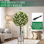 25" Artificial Boxwood Topiary Ball Trees with Daisy Flowers, Set of 2 UV Resistant No Fade Outdoor Faux Plants with Ground Spike, Fake Shrubs for Garden, Patio, Porch, Yard, Indoor Decor