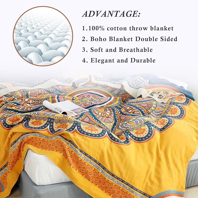 Snycler Boho 100% Cotton Throw Blanket, Decorative Muslin Boho Throw Blanket, Soft Cozy Colorful Bohemian Floral Reversible Blanket with Tassels for Chair Couch Bed Sofa Room Decor, 60x80 Inch