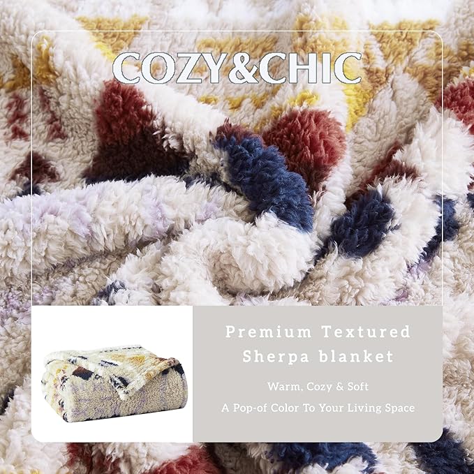 CASAAGUSTO Boho Sherpa Throw Blanket, Aztec King Size Blanket, Ultra Soft, Warm, Cozy, Plush, Thick Fleece Bohemian Throw Blanket for Couch, Bed, Sofa (Khaki 108 * 90 Inch)