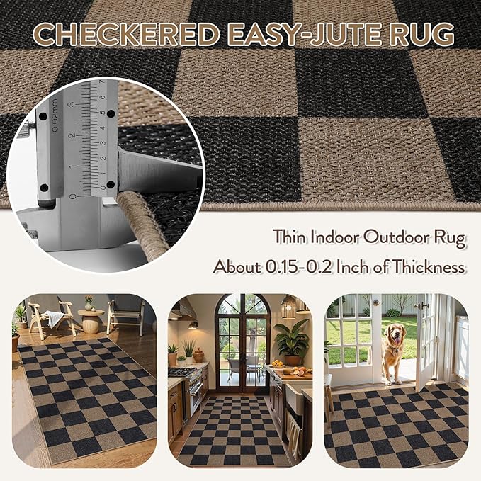Lahome Checkered Easy Jute 3x5 Rug, Washable Rugs for Living Room Entryway Farmhouse Non Slip Black Outdoor Carpet, Checkerboard Indoor Door Mat for Entry Patio Deck