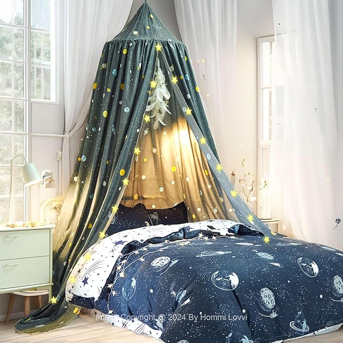 Space Rockets Print Kids Bed Canopy, Girls Princess Canopy Dreamy Room Decor, Soft Hanging Reading Nook Play Tent Canopy, Extra Large Full Size Bed Canopy with String Light