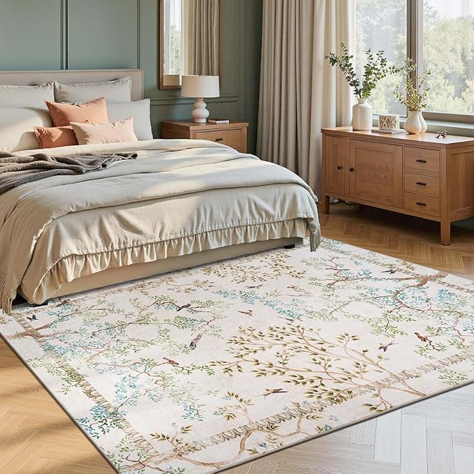 jinchan Botanical Birds 6x9 Ivory Area Rugs for Living Room Washable Non Slip Soft Nature Plants Modern Kids Carpet Vintage Ultra Thin Low Pile Indoor Rug for Bedroom Dining Room Nursery Playroom