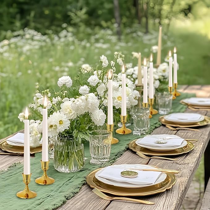 Vintage Gold Taper Candle Holders, Set of 12, Metal Taper Candlestick Holder for Dinner Room Table Centerpiece, Wedding Reception, Festive,Mantel Decoration, Home Decor (Titanium Gold)