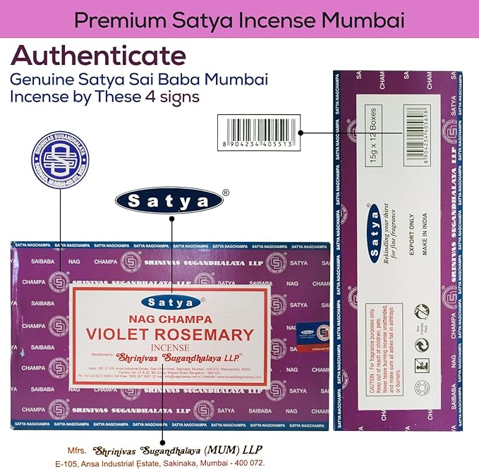 Satya Violet Rosemary Incense Sticks 180 gm (15GM X 12 Pack) from Satya Sai Baba Nag Champa and Raajsee Incense Sticks Holder Bundle, Free from Chemicals,Natural Insenses