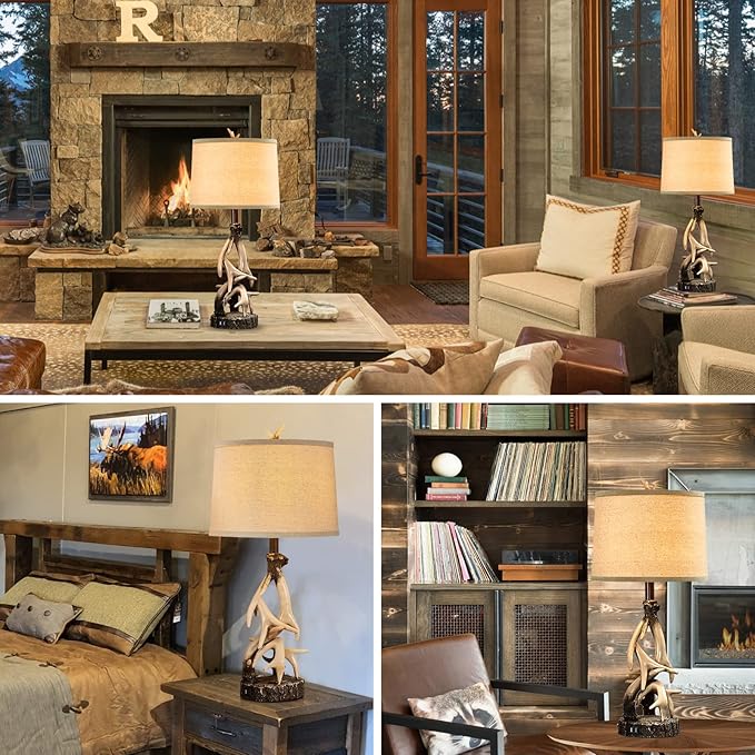 28" Farmhouse Table Lamp for Living Room, Western Rustic Lamp with USB Charging Ports Country Cabin Bedside Antler Lamps for Bedroom Foyer Office Vintage Rotary Control Single Brown- Bulb Not Included