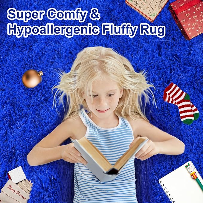 6x9 Fluffy Fuzzy Area Rug for Living Room Bedroom, Ultra Soft Large Living Room Rugs, Non Slip Thick Shag Rug for Dorm, Kids Girls Boys Rug for Home Decor Aesthetic, Bright Blue