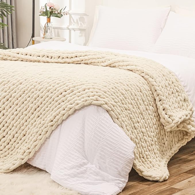 Bigacogo Chunky Knit Throw Blanket for Couch, 40x80 inches, 100% Hand Knitted with Thick Jumbo Chenille Yarn, Cozy Soft Large Rope Knot Cable Crochet Blankets for Sofa Bed Living Room, Beige
