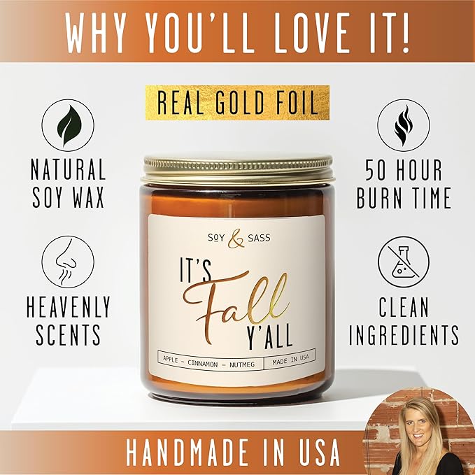 Fall Candles - 'It's Fall Yall' Candle w/Apple Cinnamon & Nutmeg I Infused with Essential Oils I Autumn Scented Candles I Cozy Cute Décor Gifts I 9oz Jar I 50Hr Burn I Made in USA