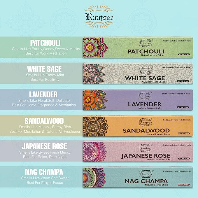 raajsee Incense Sticks 6 Pack Variety Set 15gm Each, Nag Champa- Jasmine - vanila-Japanese Rose-White Sage,100% Organic Hand Rolled- Perfect for Yoga, Meditation,Aromatherapy